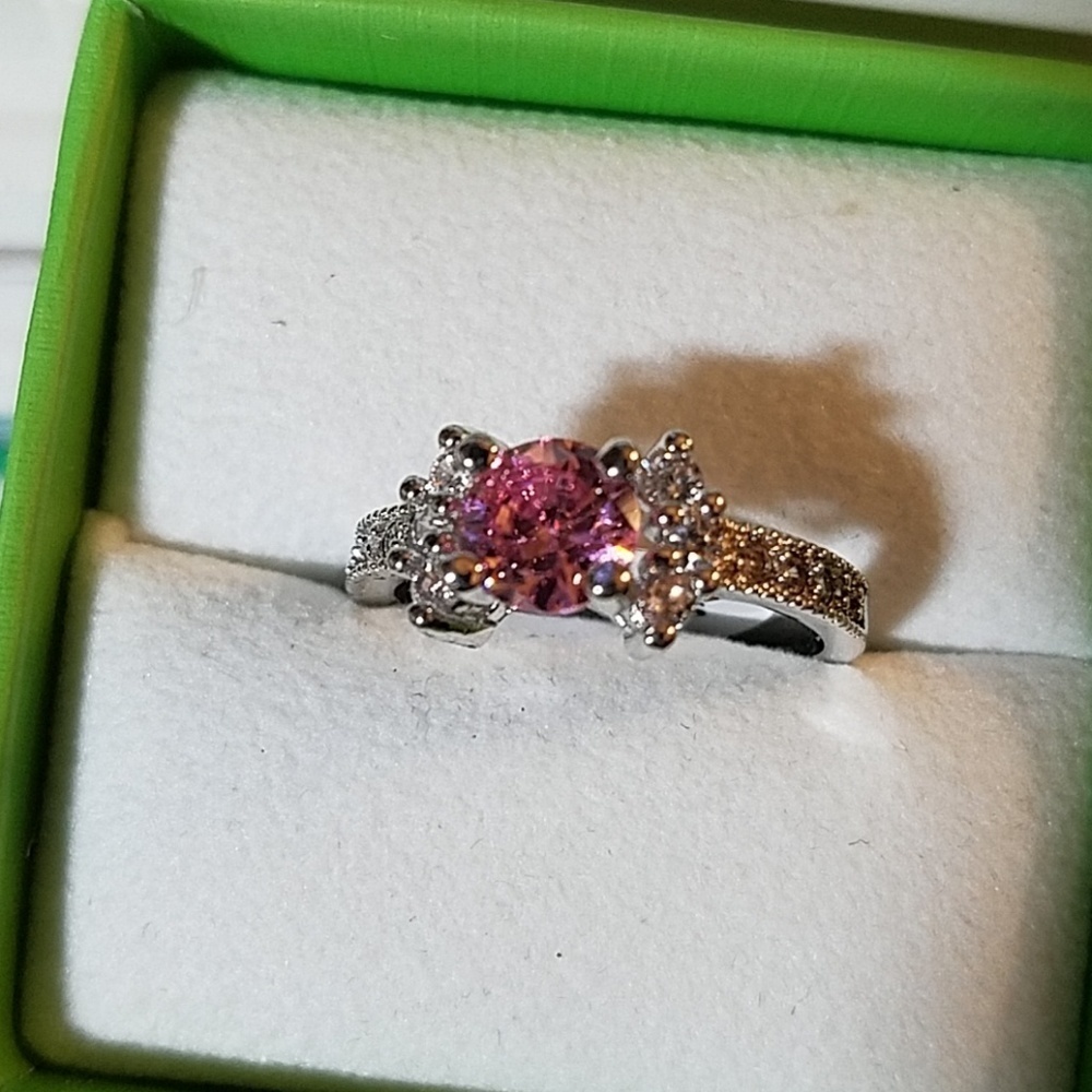 Pink & Rhinestone Silver Tone Ring Size 9
